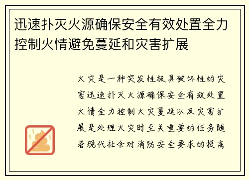 迅速扑灭火源确保安全有效处置全力控制火情避免蔓延和灾害扩展 迅速扑灭火源确保安全有效处置全力控制火情避免蔓延和灾害扩展